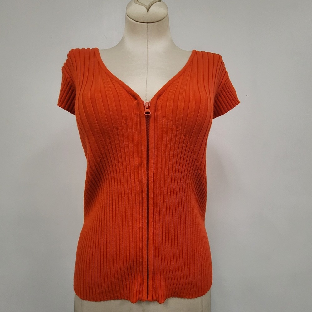 Y2K Full Zip Deep V‎ Neck Hooded Top Size L Ribbed Cap Sleeve Orange Streetwear